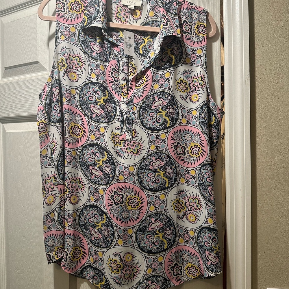 LOFT Floral Patterned Sleeveless Blouse - Pink, Black, and White